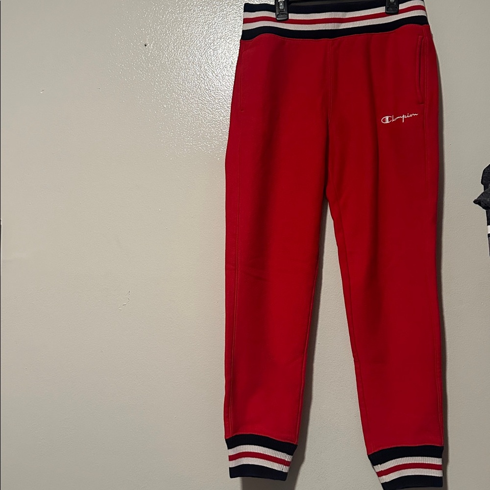 Champion Red Sweatpants with Striped Cuffs